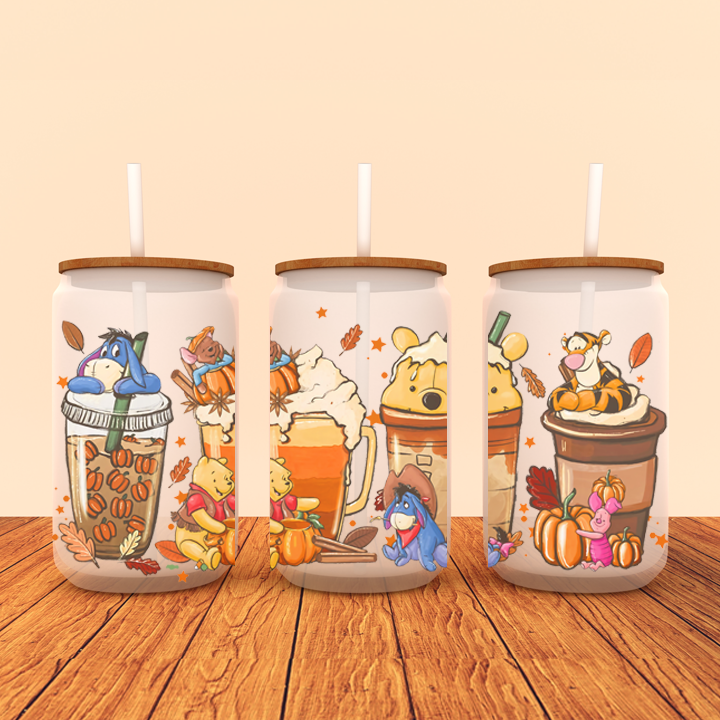 Honey Bear and Friends Fall Halloween Latte Frosted Can Glass