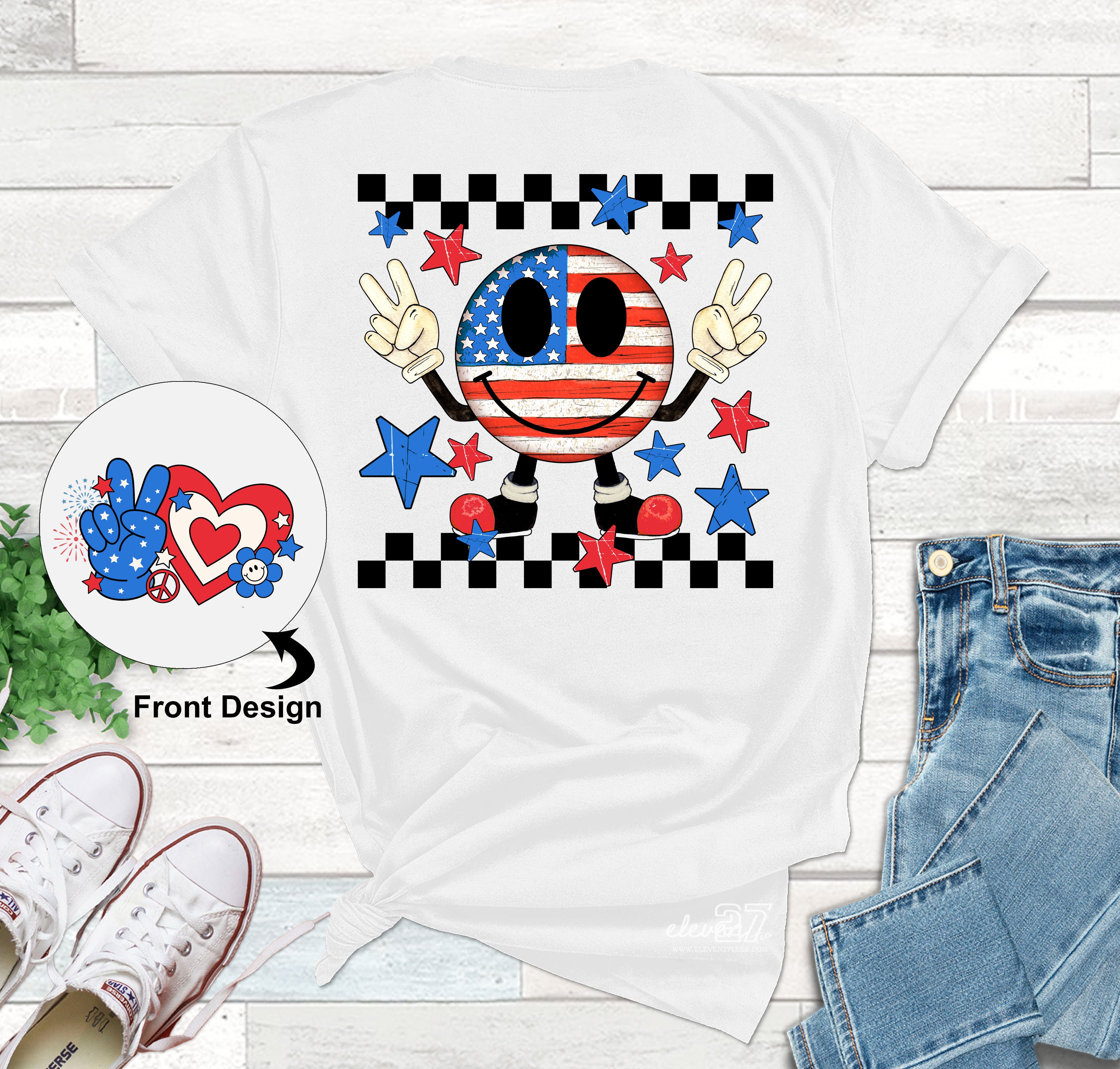 white tshirt red white blue graphics smiley face with peace sign hand for 5th of july america