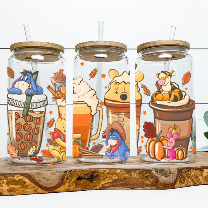 Honey Bear and Friends Fall Halloween Latte Frosted Can Glass