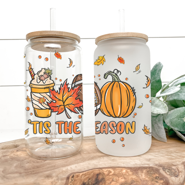 Tis The Season Fall Football Frosted Glass Tumbler Libby Soda Can