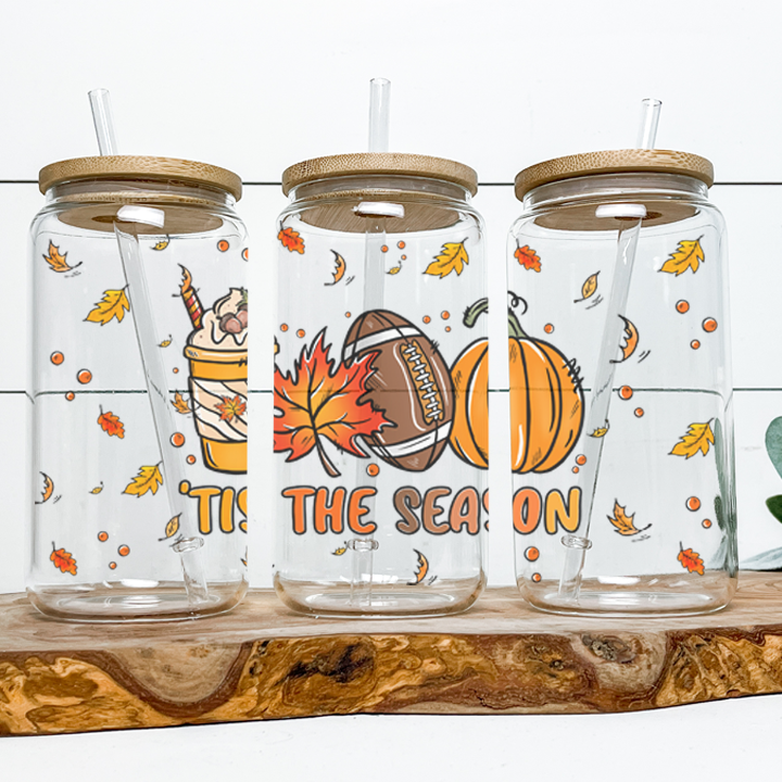 Tis The Season Fall Football Frosted Glass Tumbler Libby Soda Can