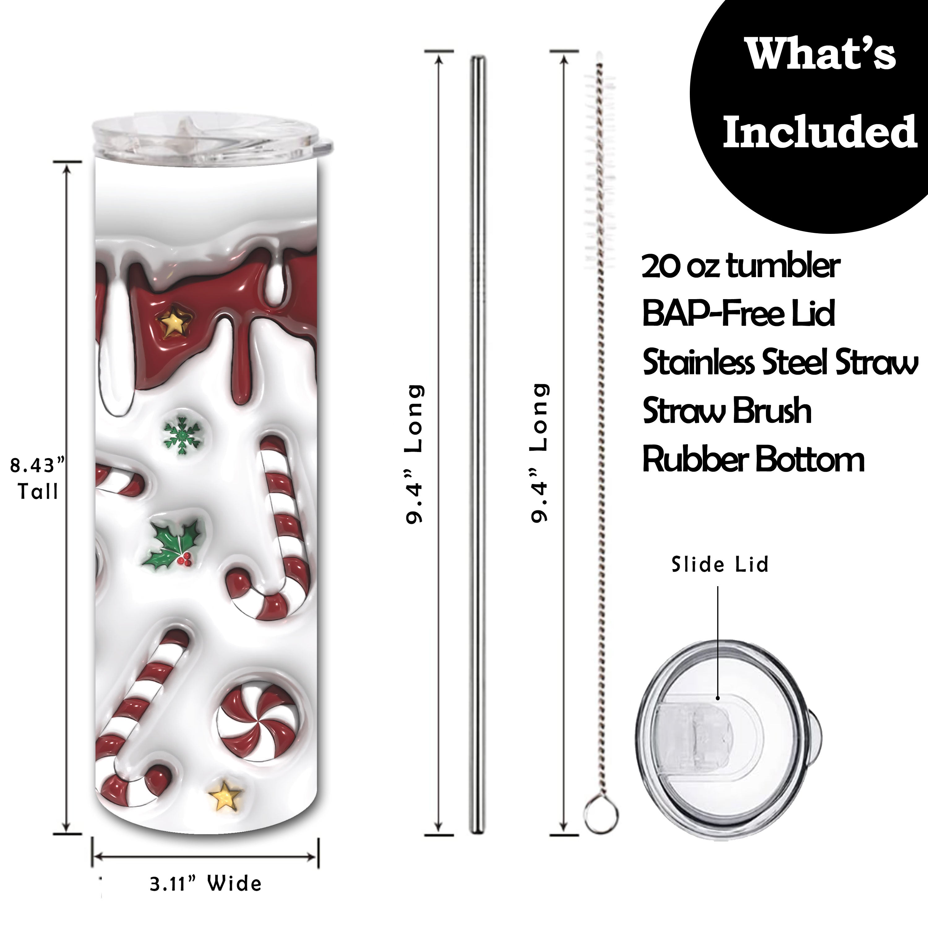 3D Puff Candy Cane Skinny Tumbler