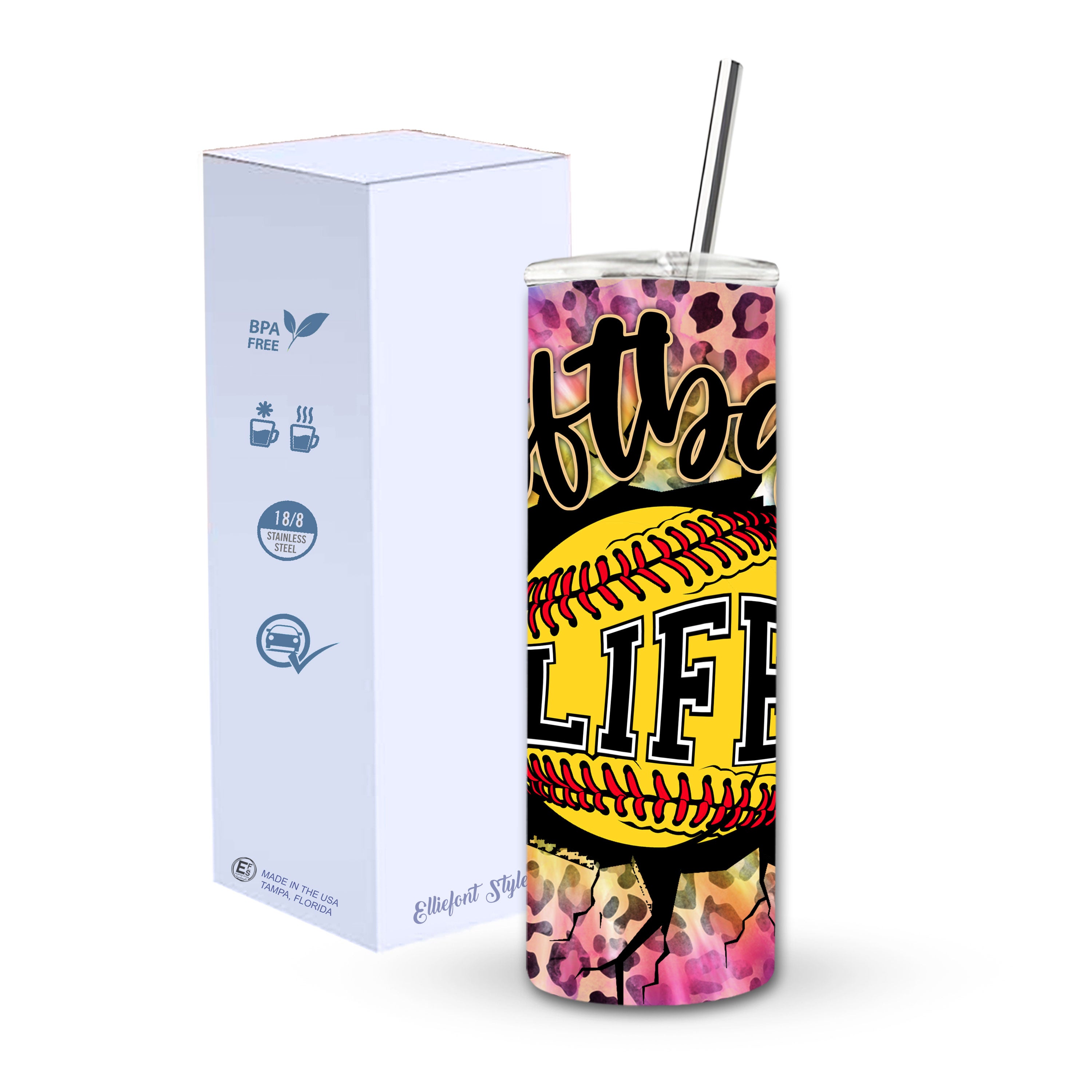 Tie-dye Softball Life Skinny Tumbler
