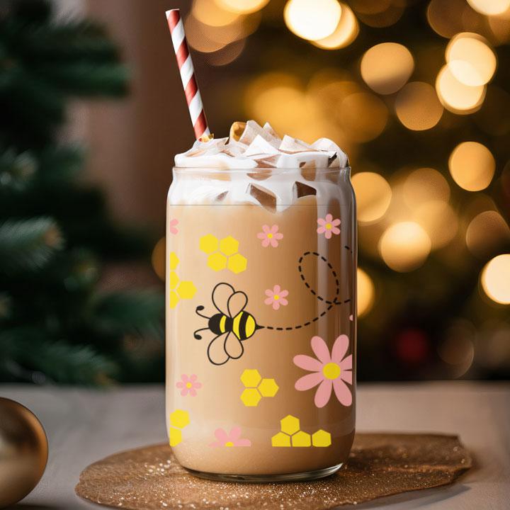 Daisy Honey Bee Frosted Glass Tumbler Libby Soda Can