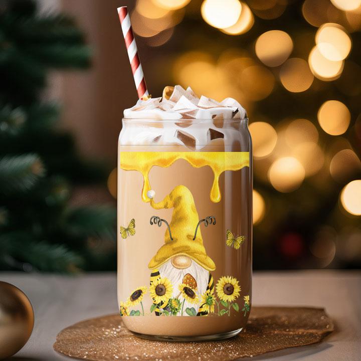 Sunflower Gnome Frosted Glass Tumbler Libby Soda Can