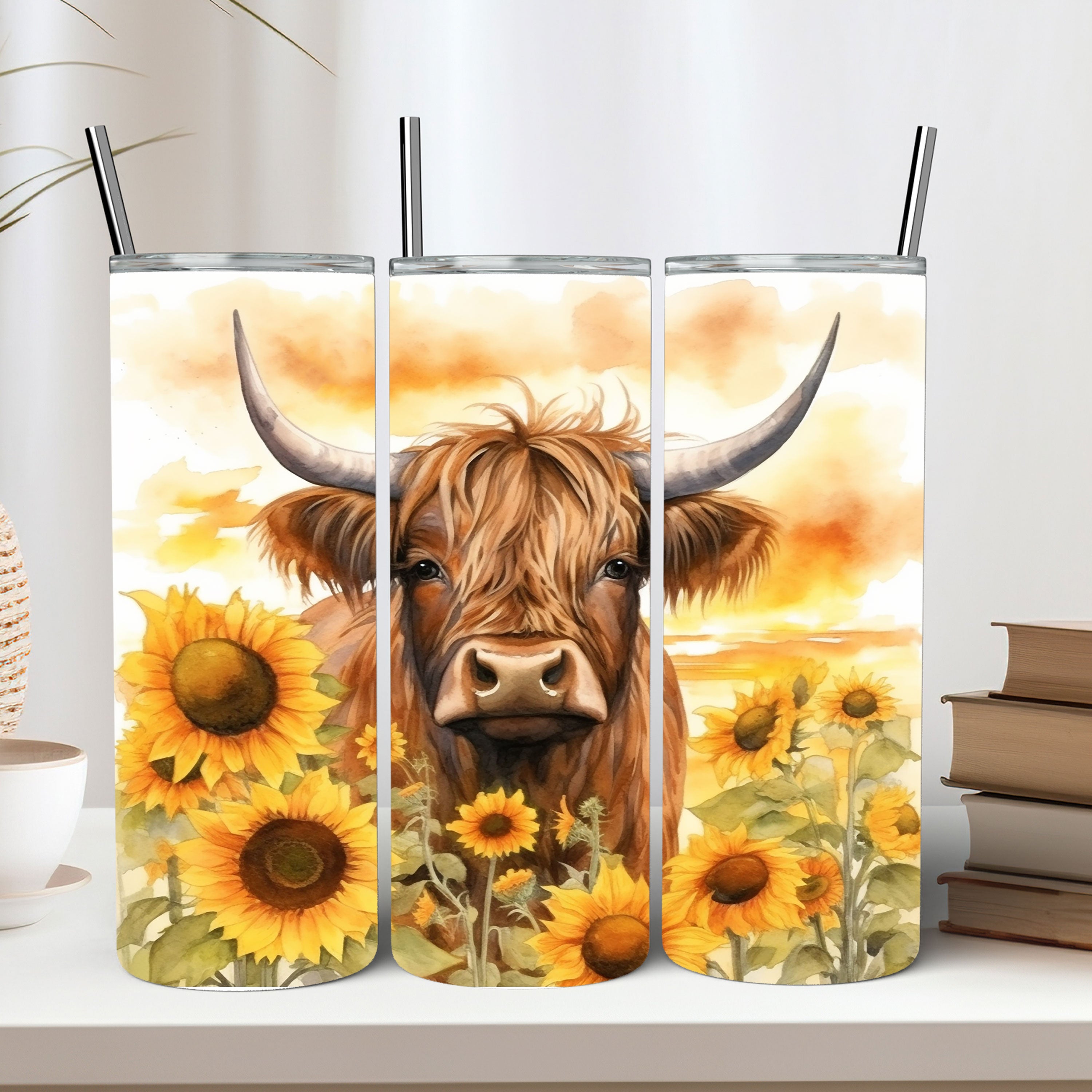 Sunflower Highland Cow Skinny Tumbler