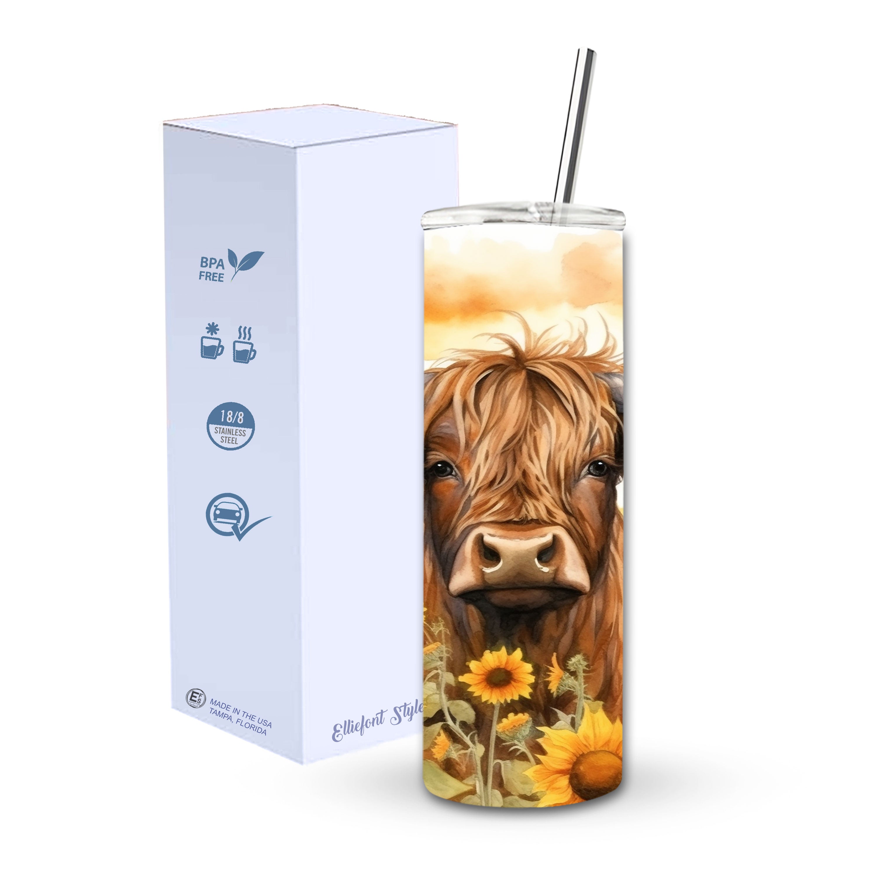 Sunflower Highland Cow Skinny Tumbler