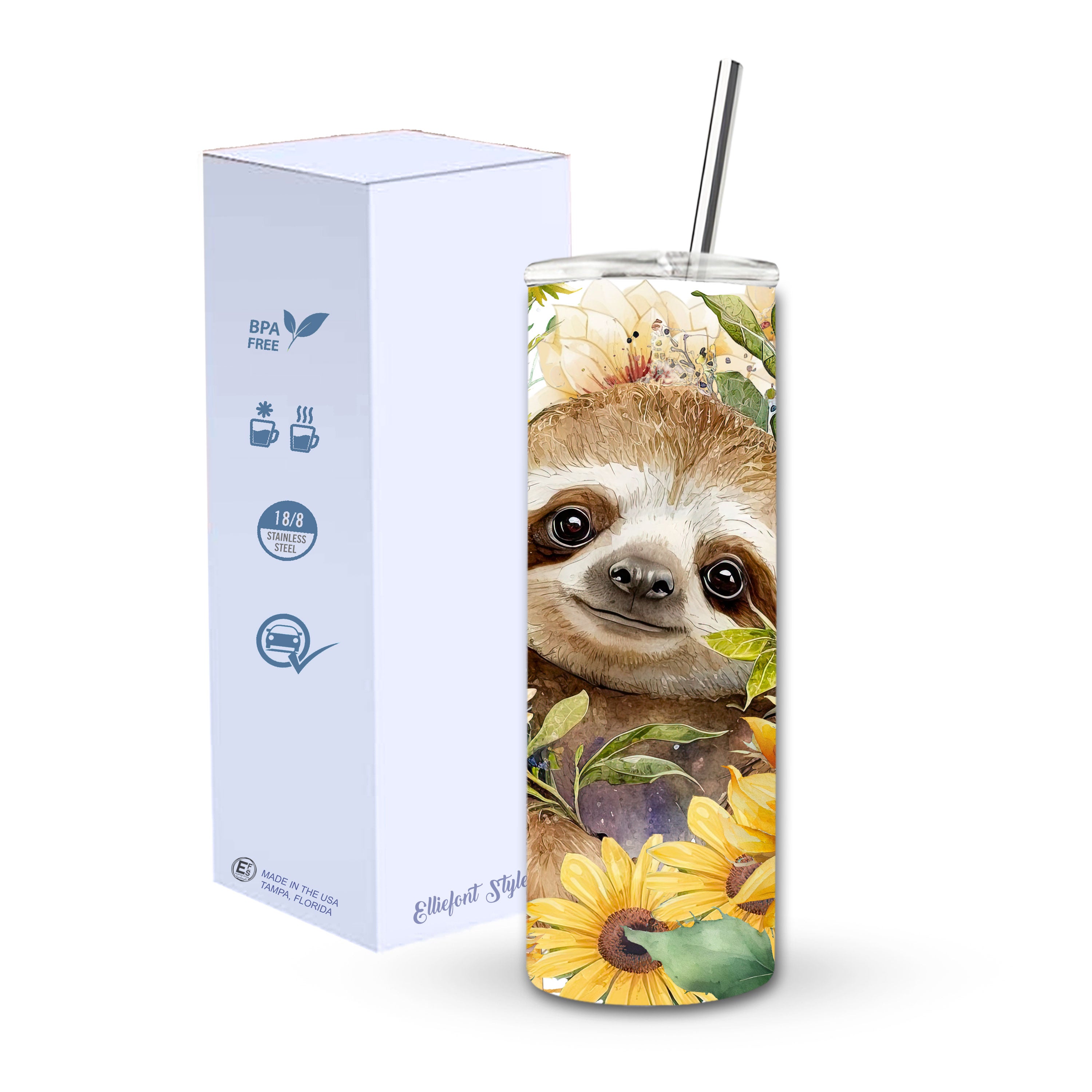 Sunflower Sloth Skinny Tumbler