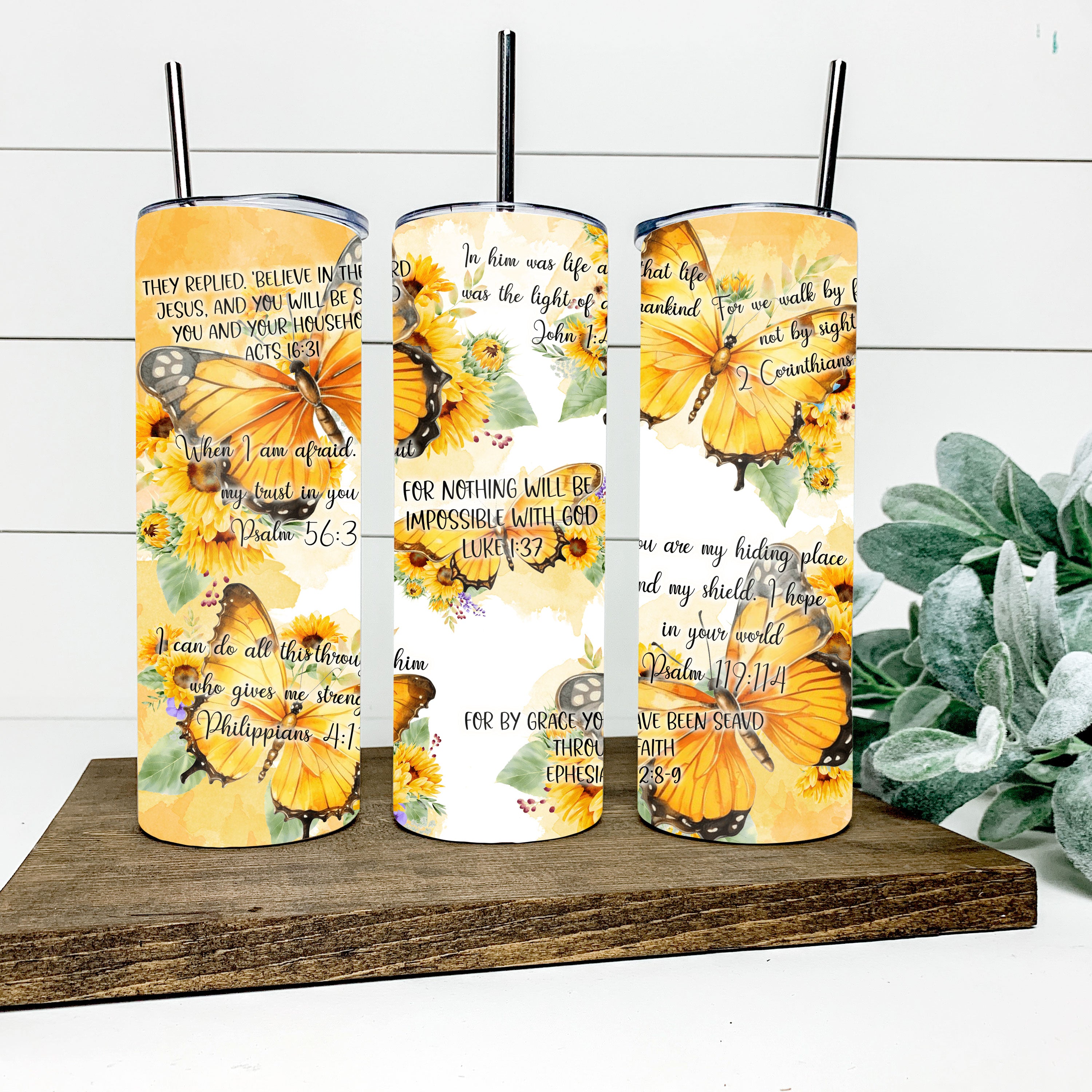 Bible Verse Buttefly Skinny Tumbler
