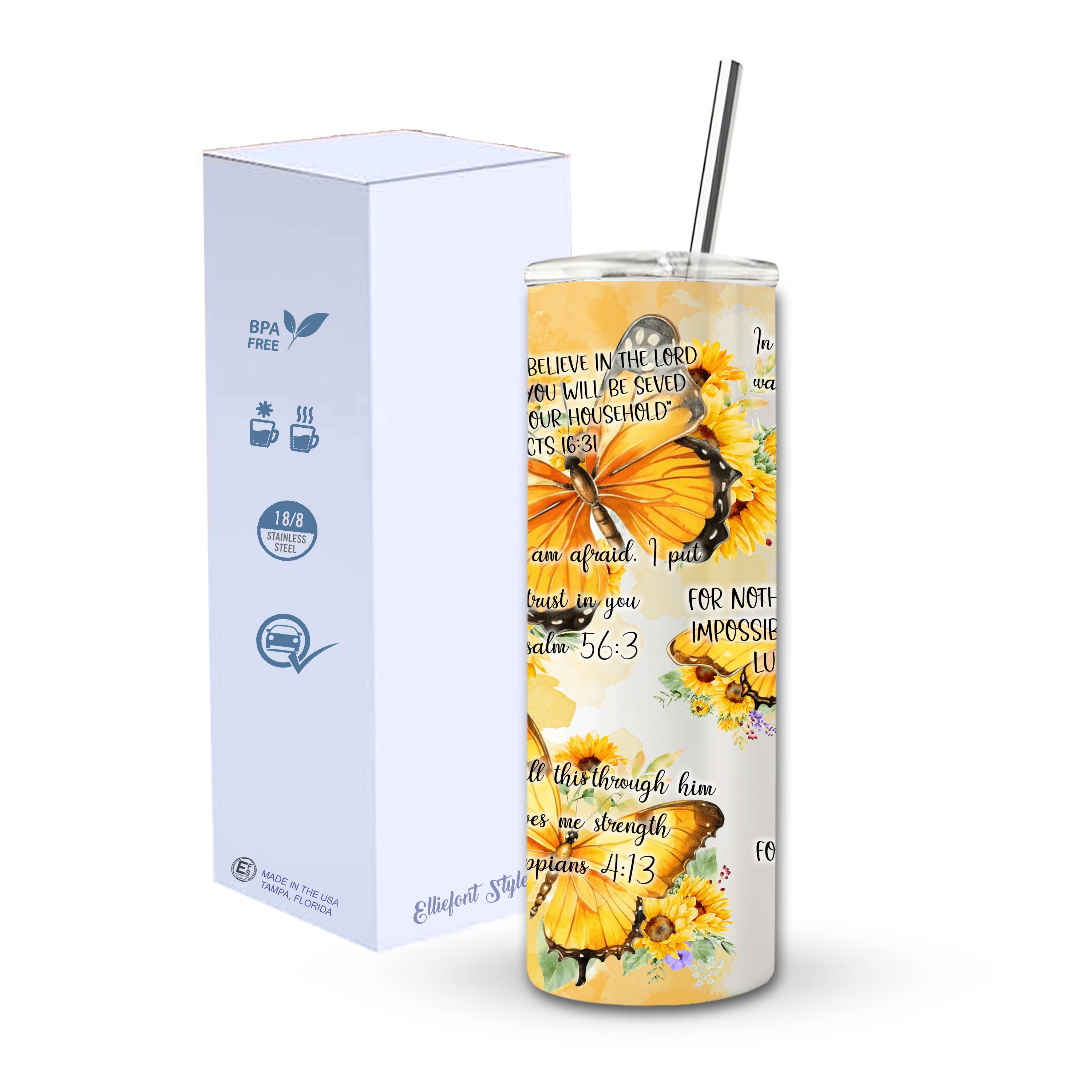 Bible Verse Buttefly Skinny Tumbler