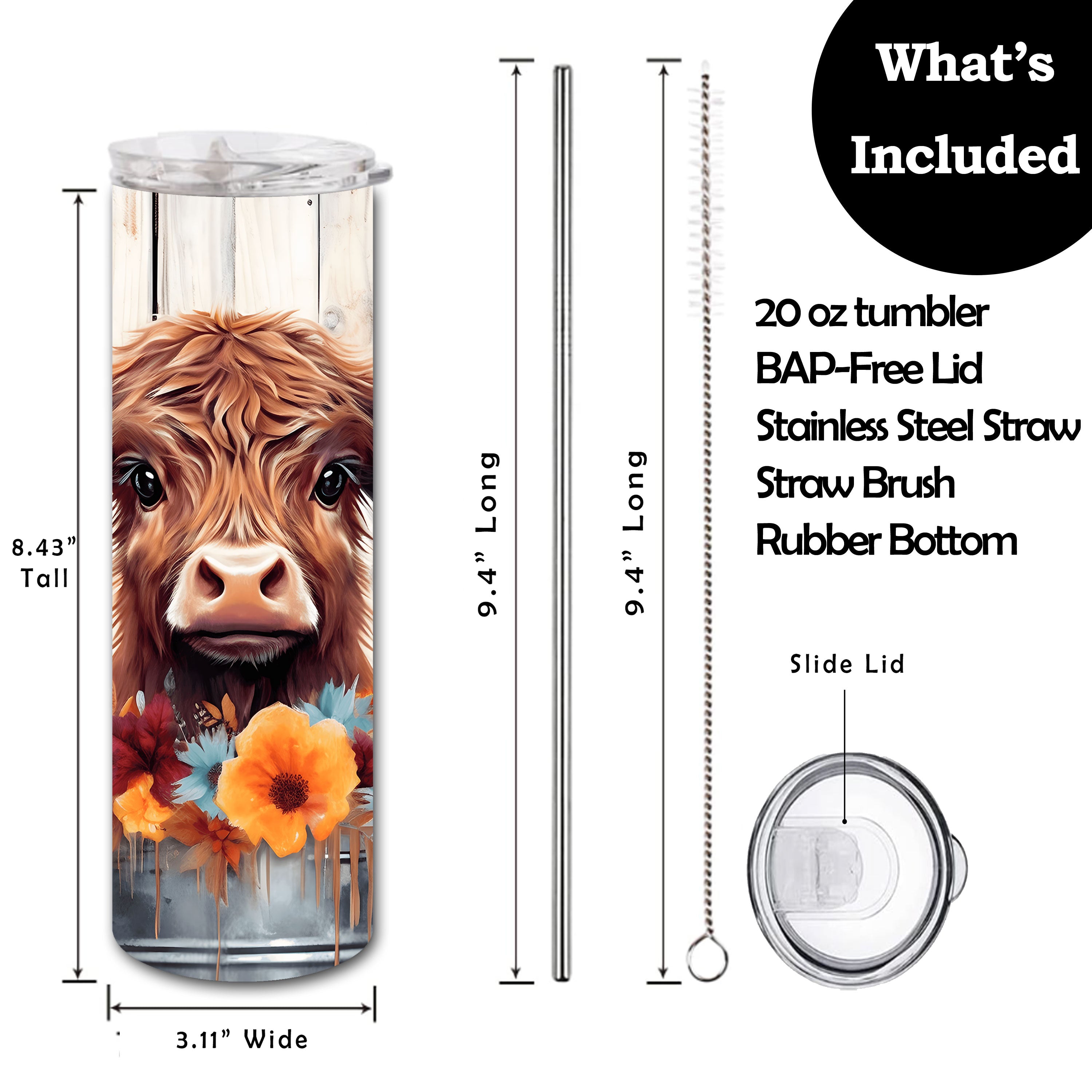 Floral Highland Cow Skinny Tumbler