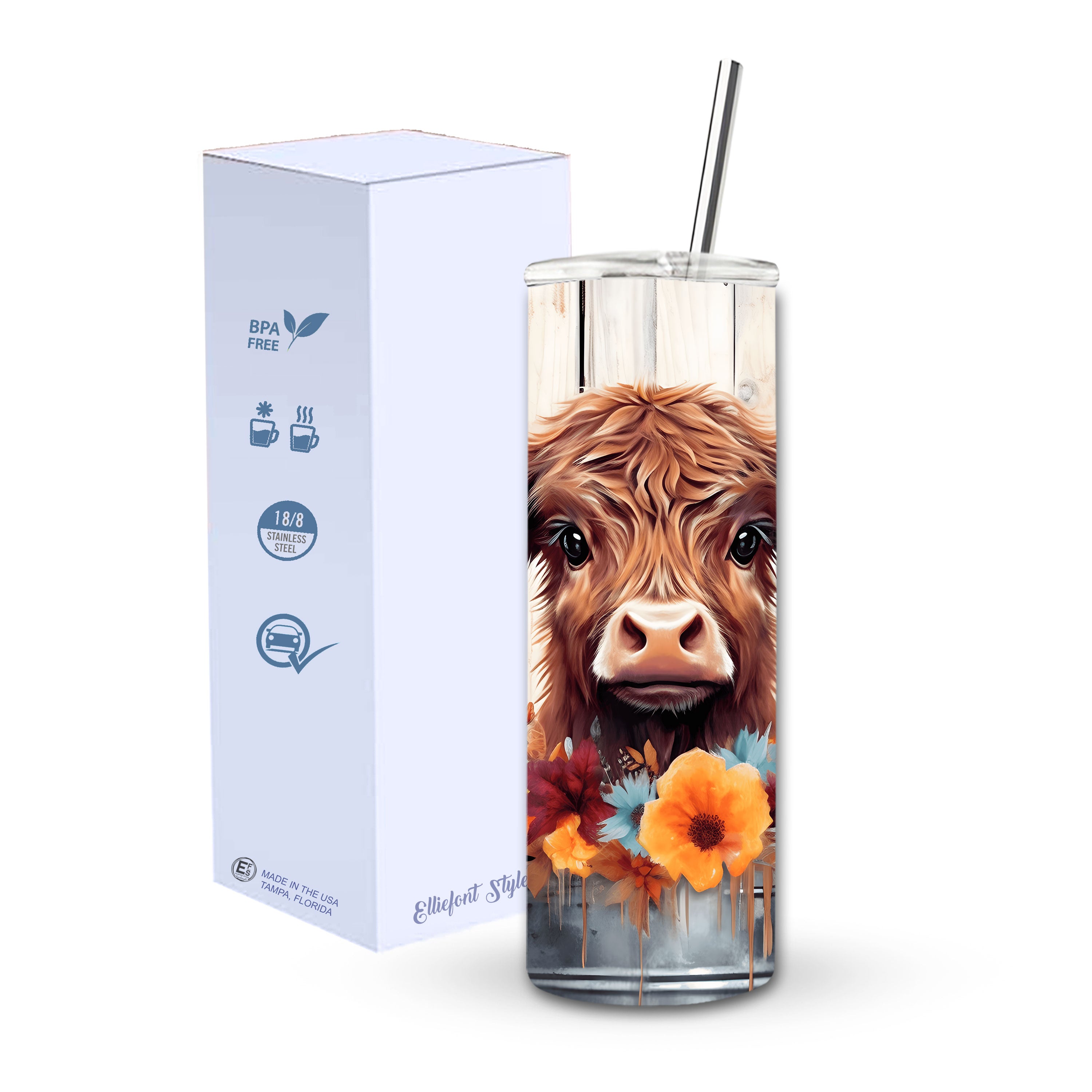 Floral Highland Cow Skinny Tumbler