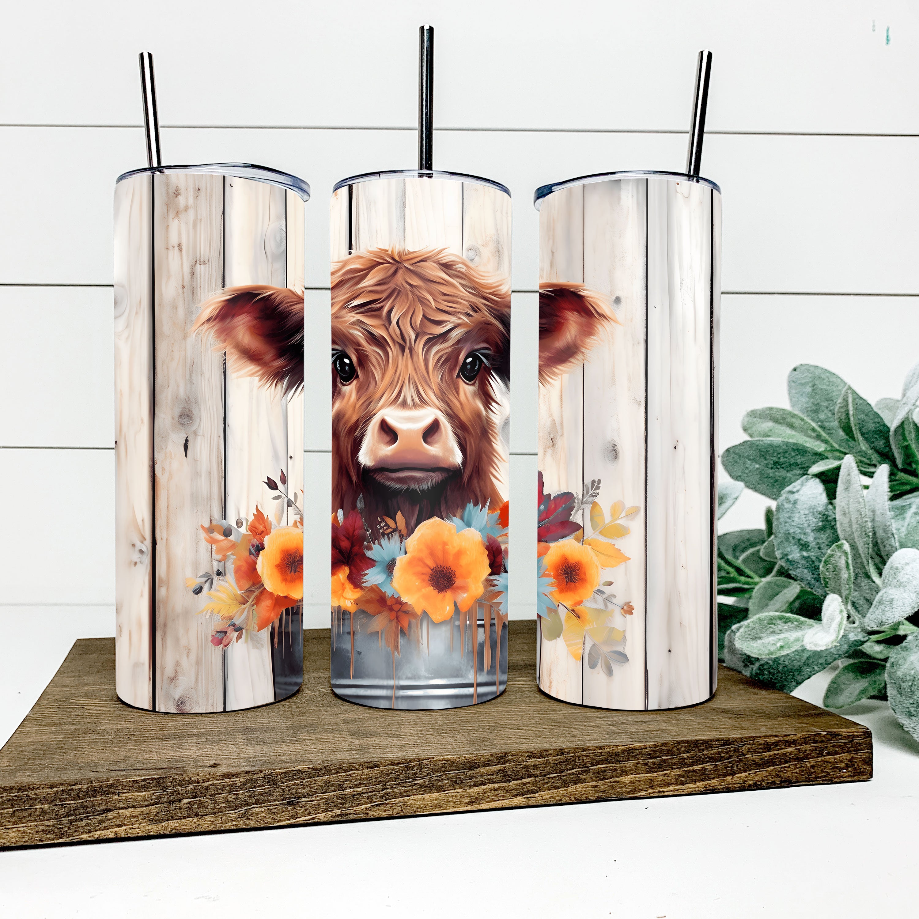 Floral Highland Cow Skinny Tumbler