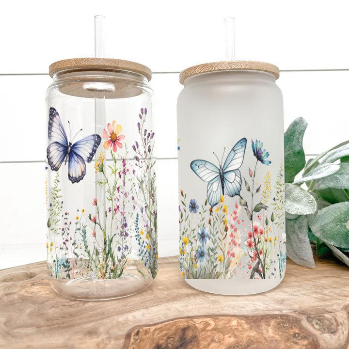Butterfly Garden Frosted Glass Tumbler Libby Soda Can