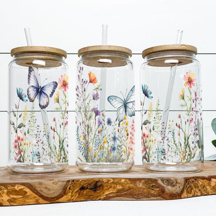 Butterfly Garden Frosted Glass Tumbler Libby Soda Can