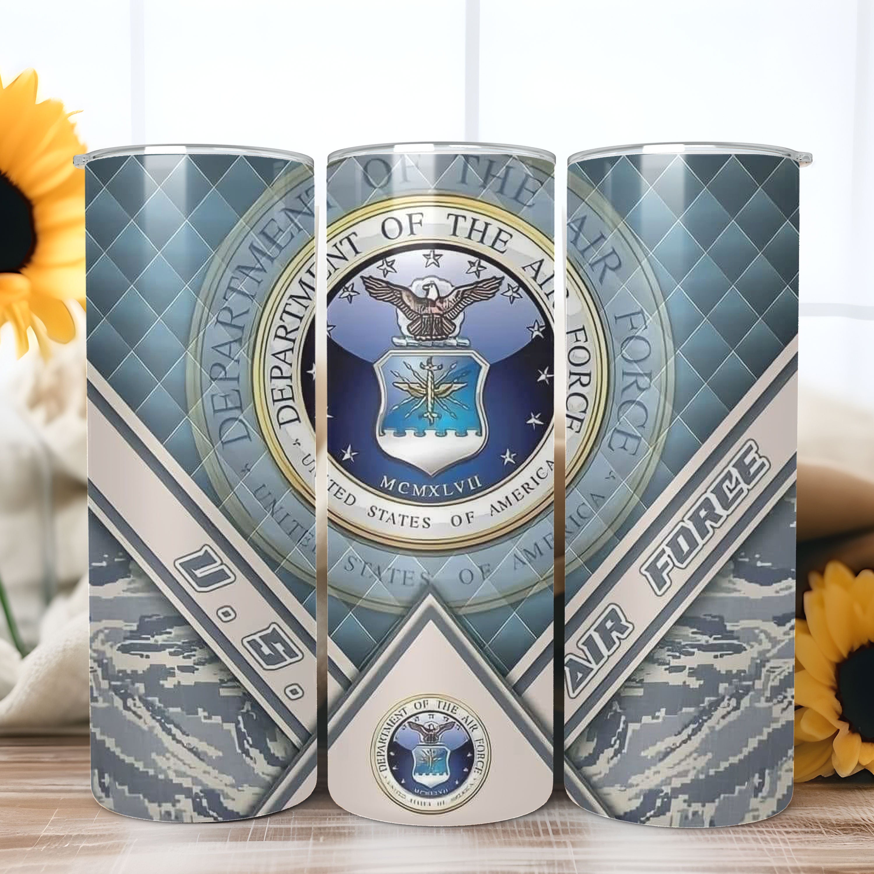 Reusable skinny tumbler featuring Air Force emblem, ideal gift for military families