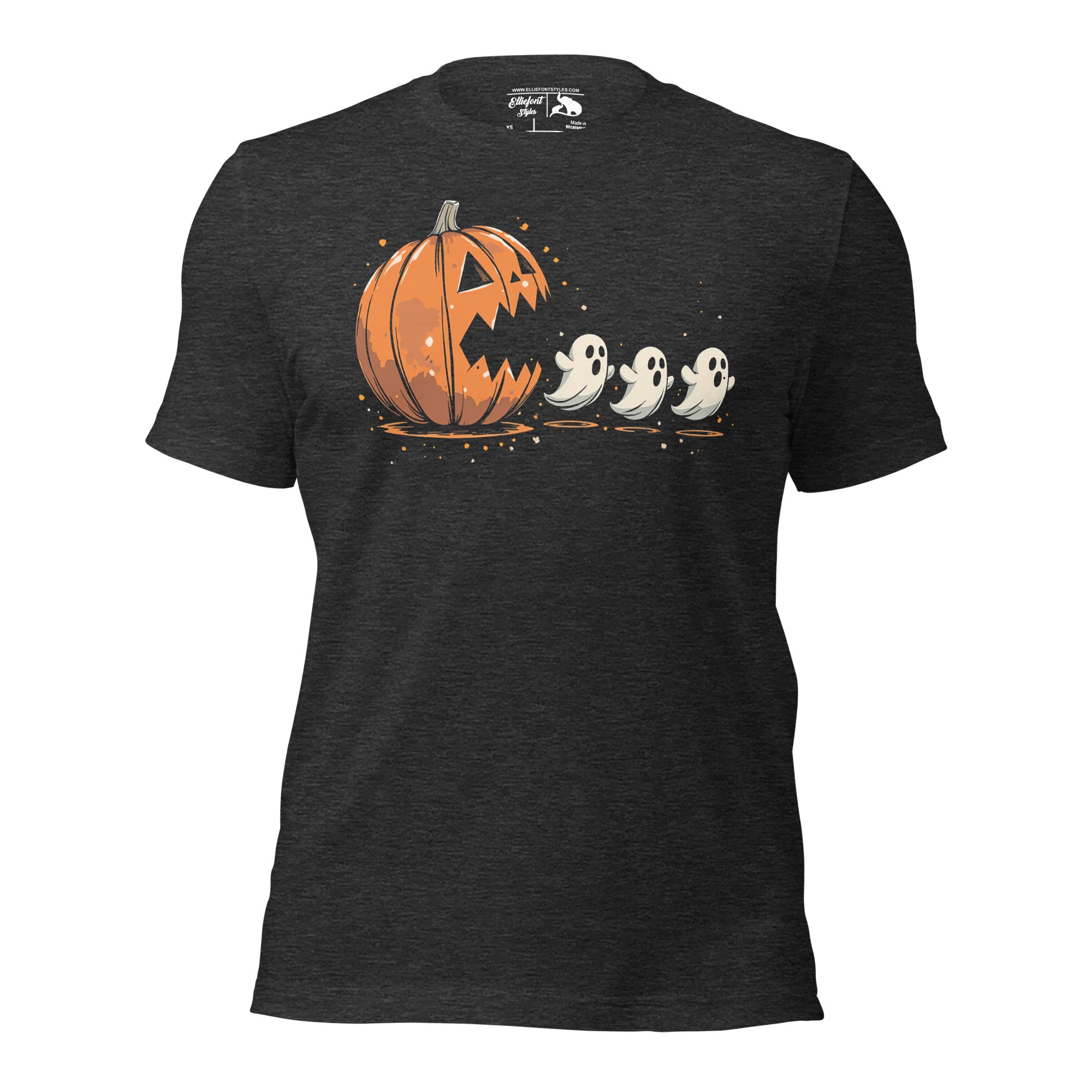 Arcade inspired Halloween pumpkin tee with ghost character artwork