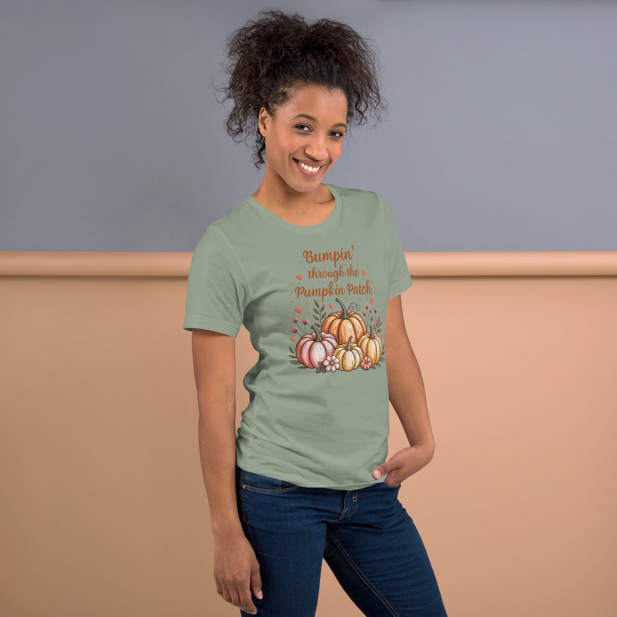 Autumn pregnancy reveal shirt featuring pumpkin patch artwork