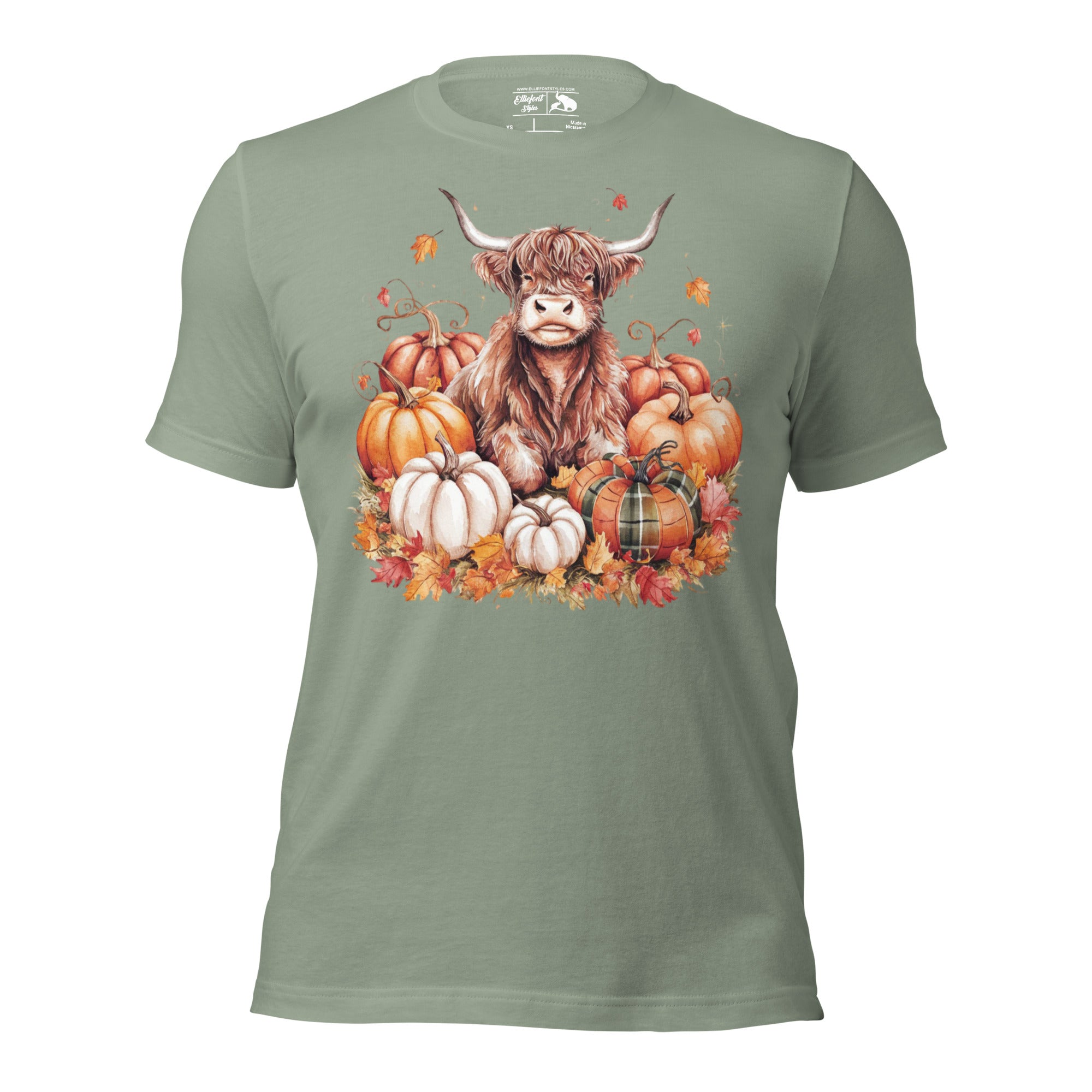 Autumn shirt with Highland cow and pumpkin patch artwork.