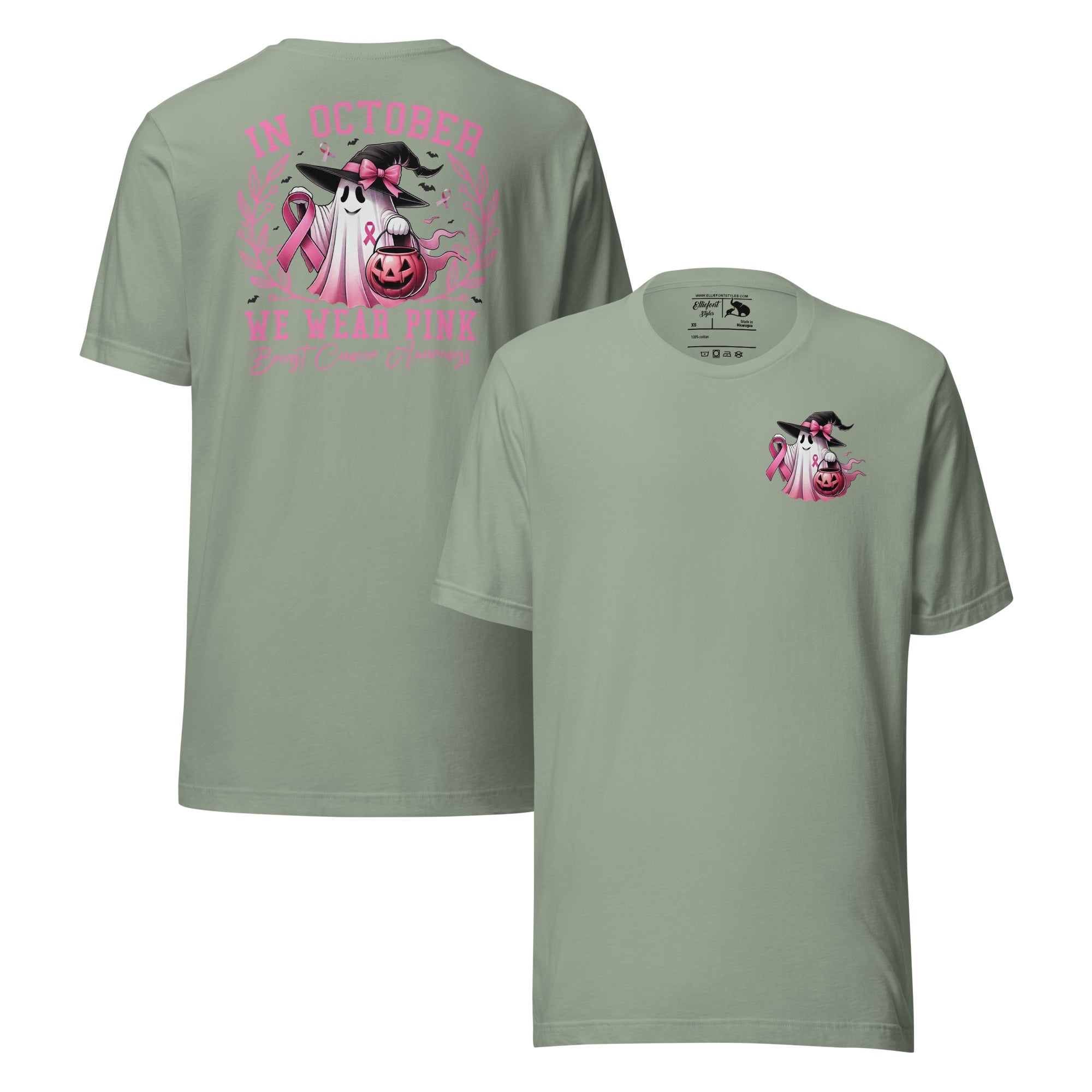 Back of shirt with large In October We Wear Pink ghost and ribbon