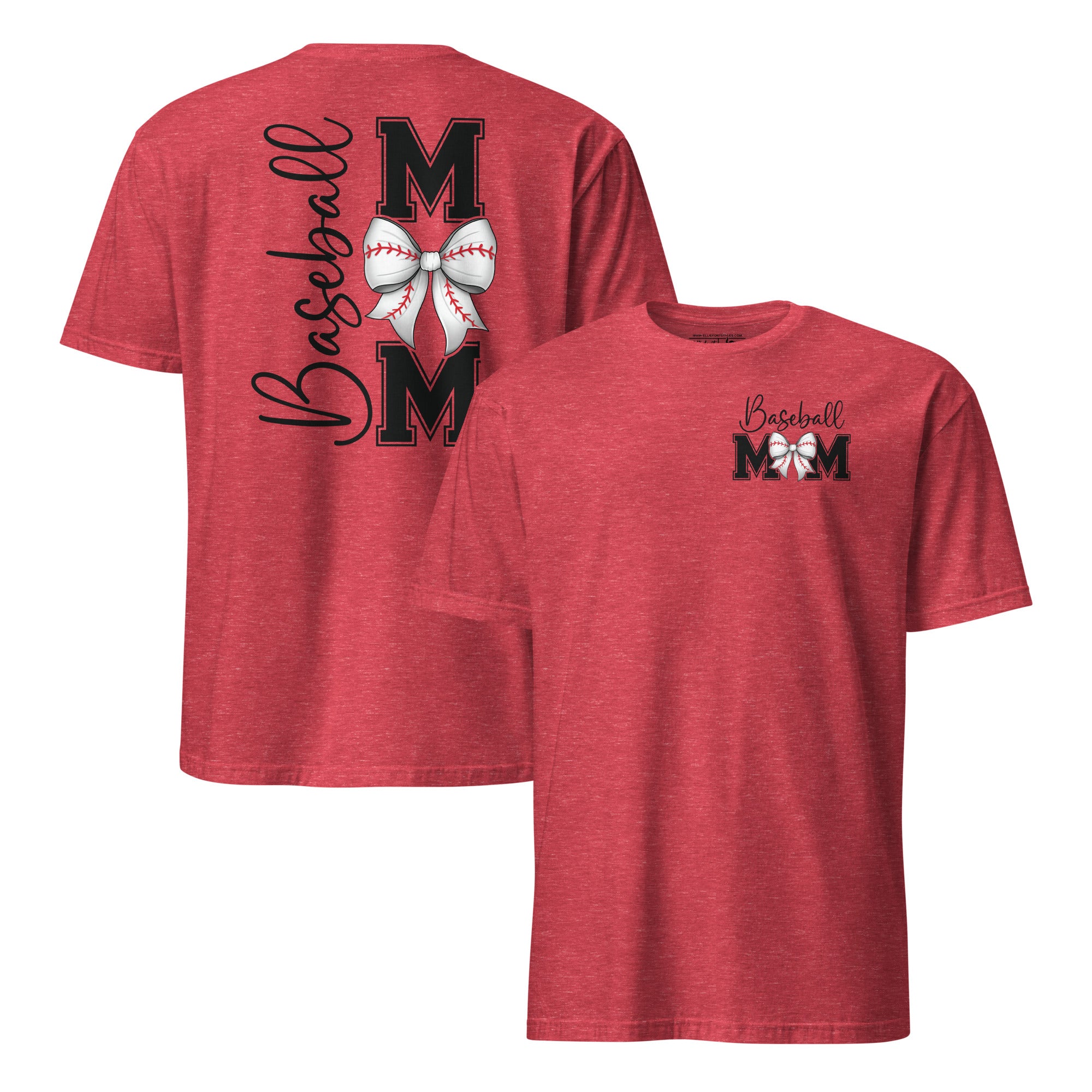 Baseball Mom shirt with bow baseball front design and bold back graphic