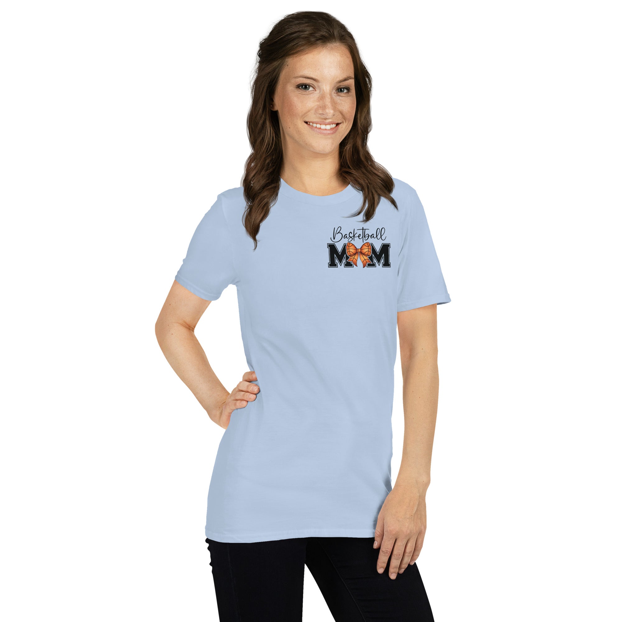 Basketball Mom shirt with bow basketball O design and bold back lettering