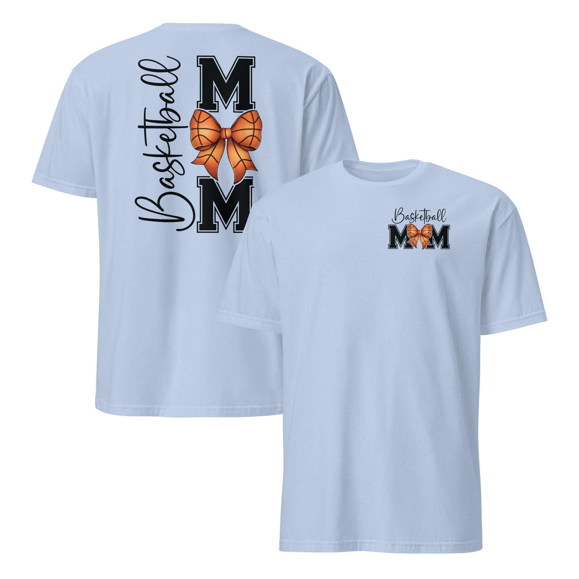 Basketball Mom shirt with bow basketball front design and bold back graphic