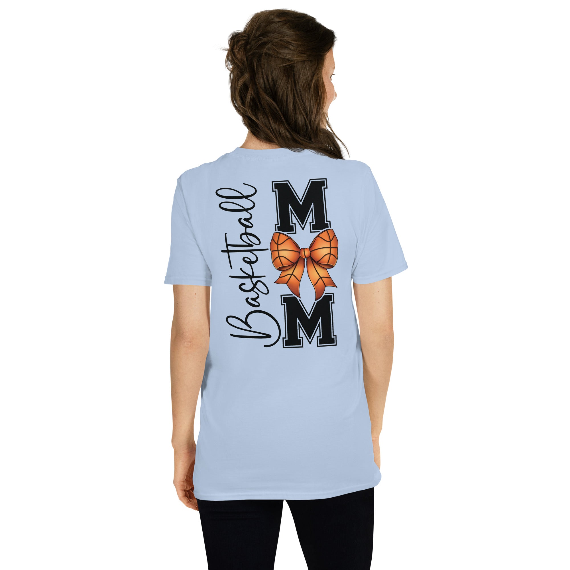 Front of Basketball Mom shirt with bow basketball O design
