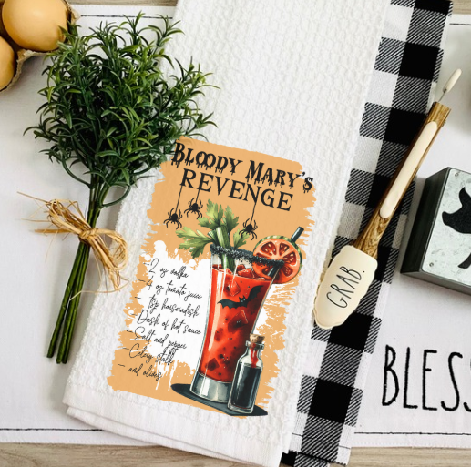 Waffle weave hand towel with Halloween cocktail design on decorated bar cart