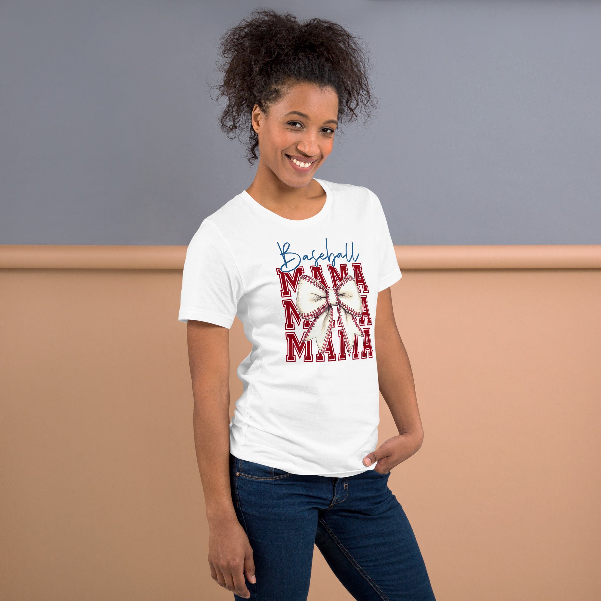 Baseball Mama shirt with bow graphic styled like a baseball