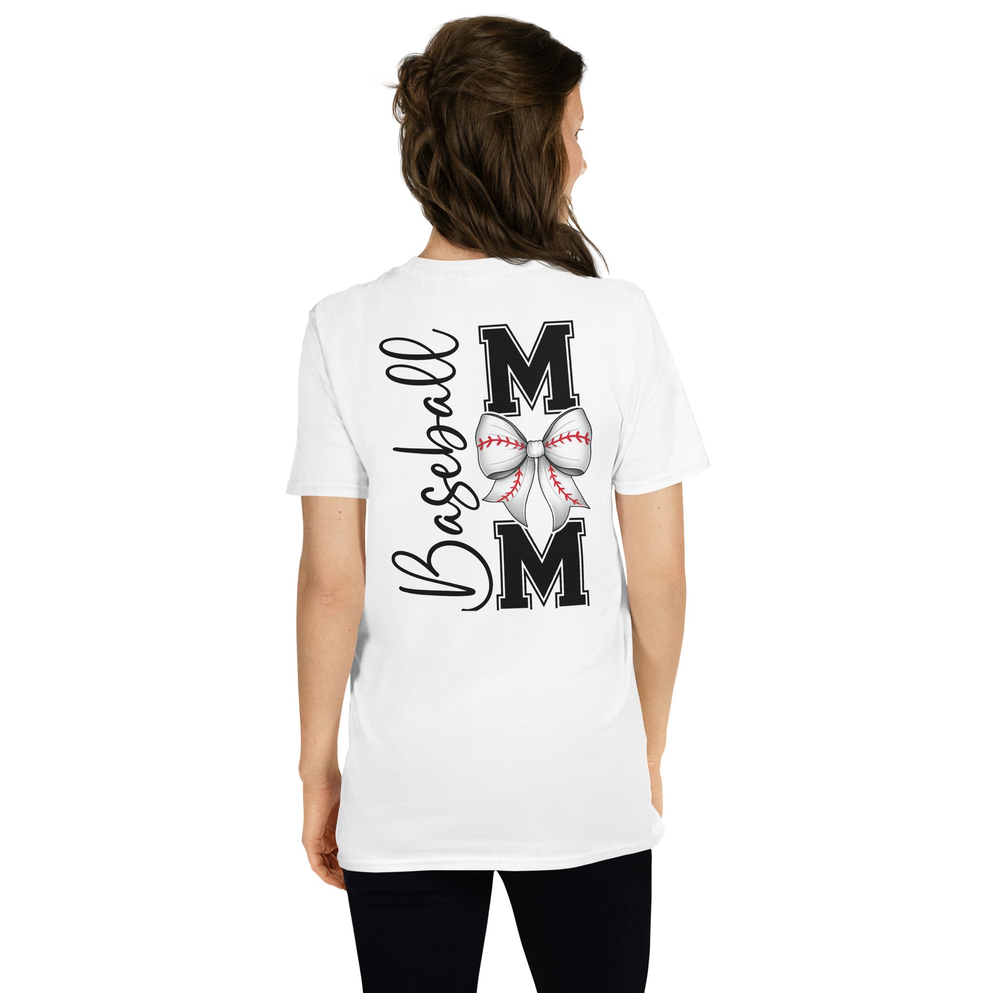 Baseball Mom graphic shirt with bow baseball O design and bold back lettering