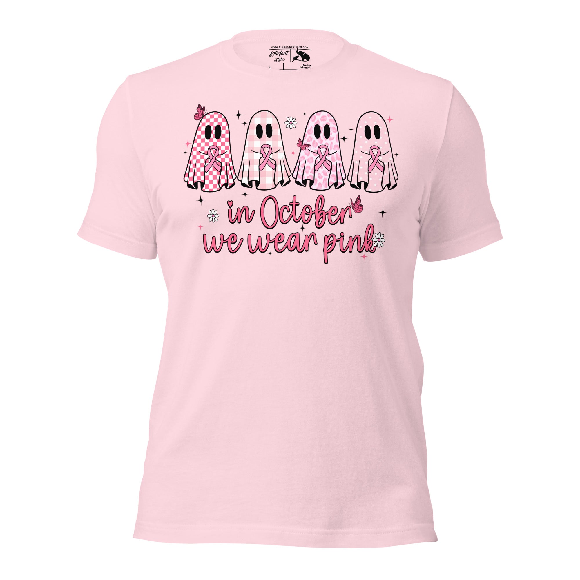 October breast cancer awareness shirt with spooky ghost design