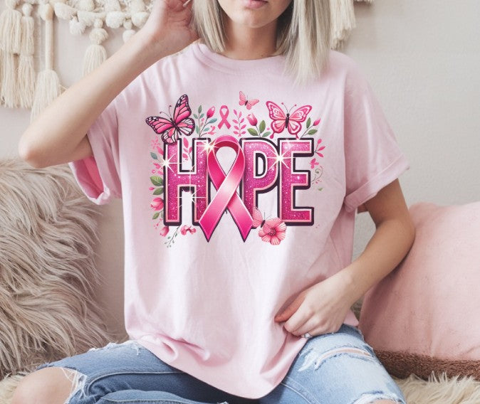 Breast cancer awareness shirt with butterflies and Hope ribbon design