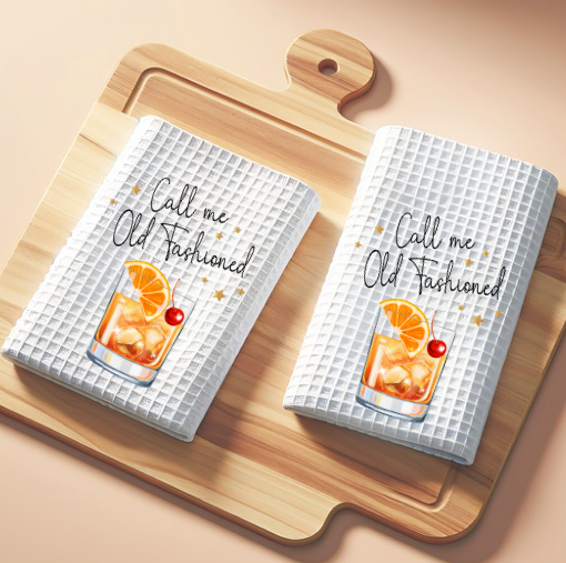 Waffle weave towel for bourbon drinkers displayed on home bar cart décor setup