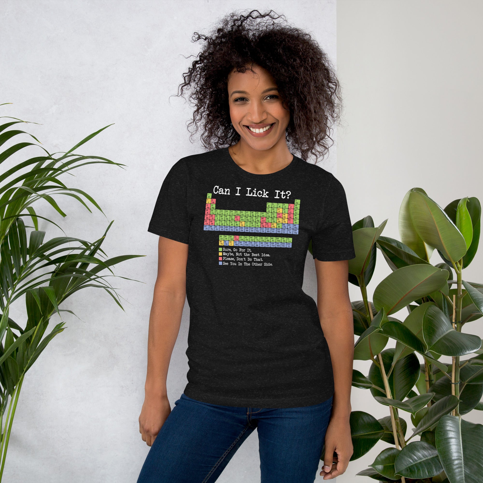 Periodic table graphic tee asking Can I Lick It with safe vs toxic elements