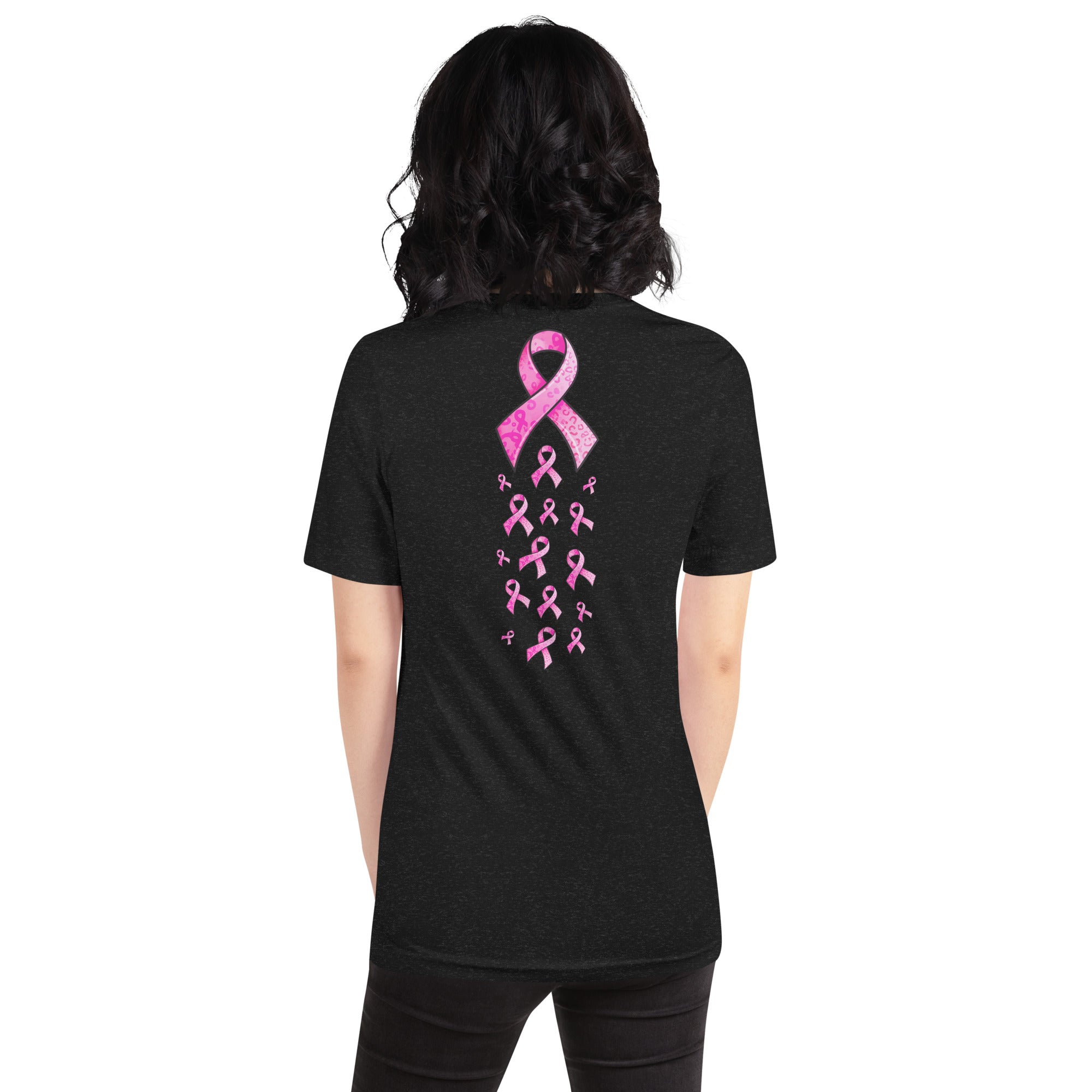 Awareness shirt with front pink ribbon and multiple ribbons on the back