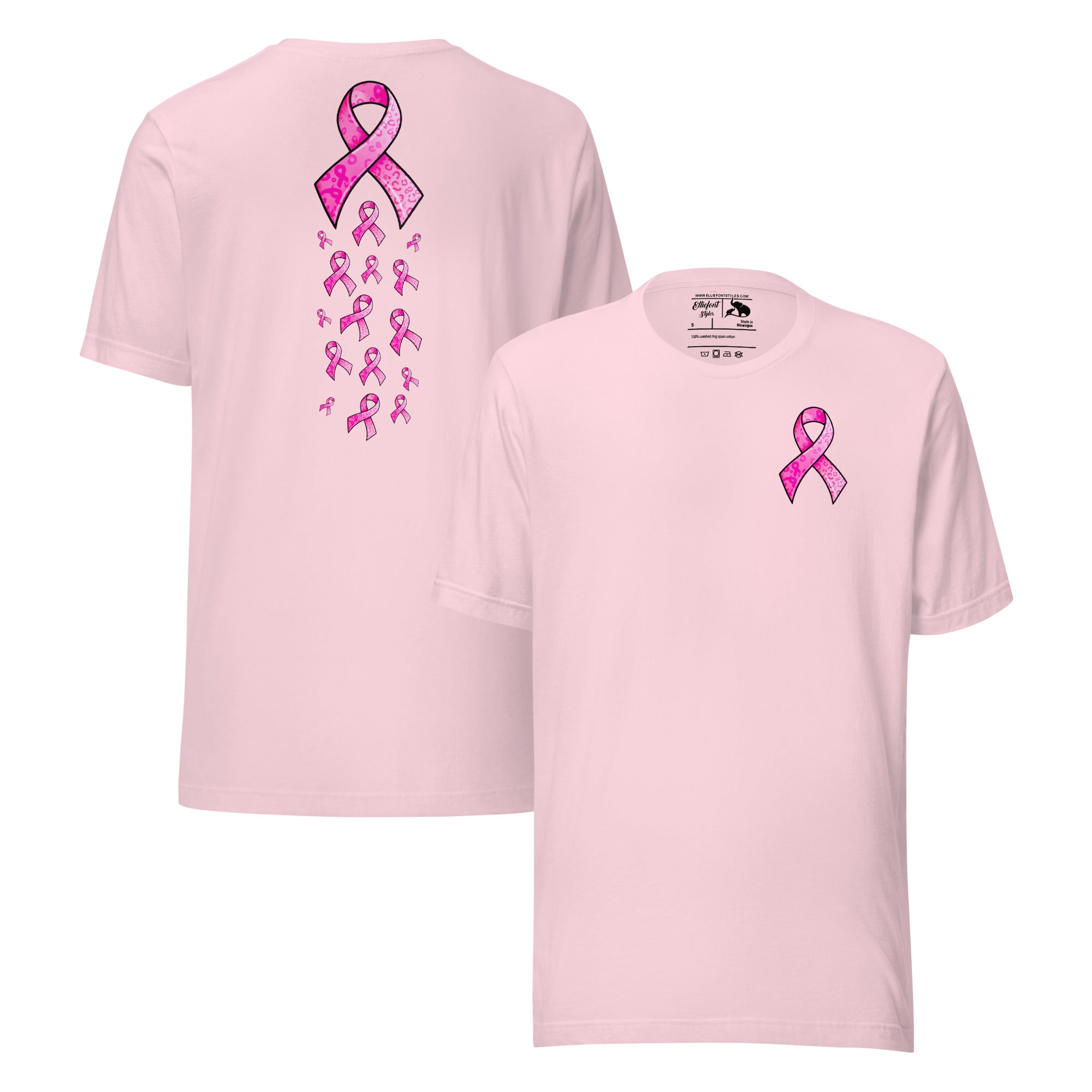 Cancer support shirt featuring multiple awareness ribbons on the back