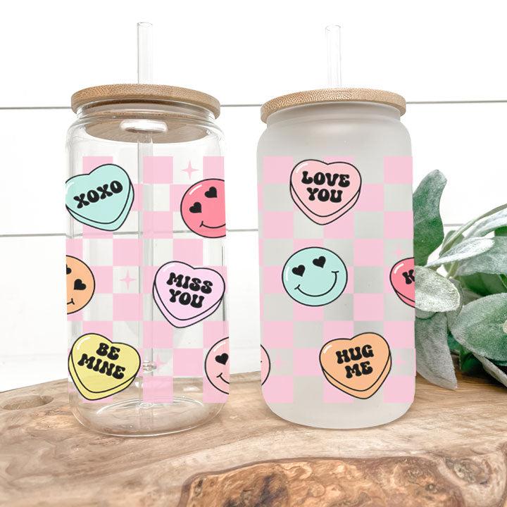 16 oz tumbler with Smiley Candy Hearts design, ideal Valentine’s Day or romantic gift.
