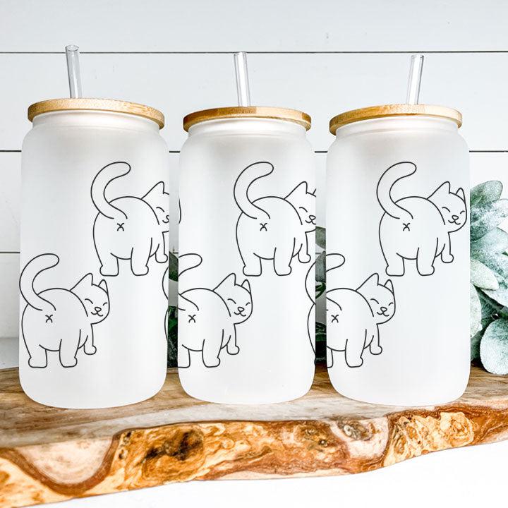 16 oz Libby Glass Can Tumbler featuring playful cat butts, funny gift for cat lovers