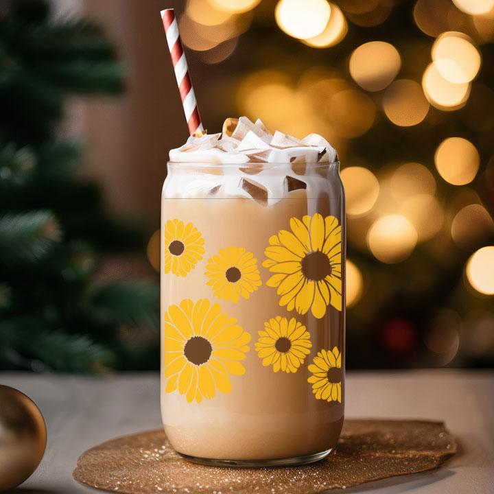 sunflower tumbler design on 16 oz Libby Glass Can, bright and cheerful gift idea