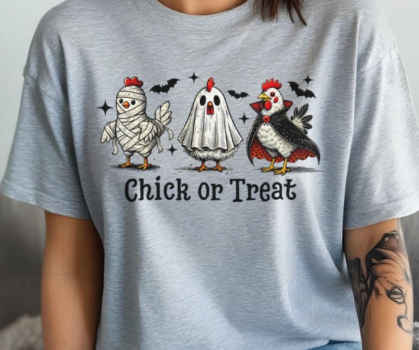 Chick or Treat Halloween chicken shirt with hens in costumes design