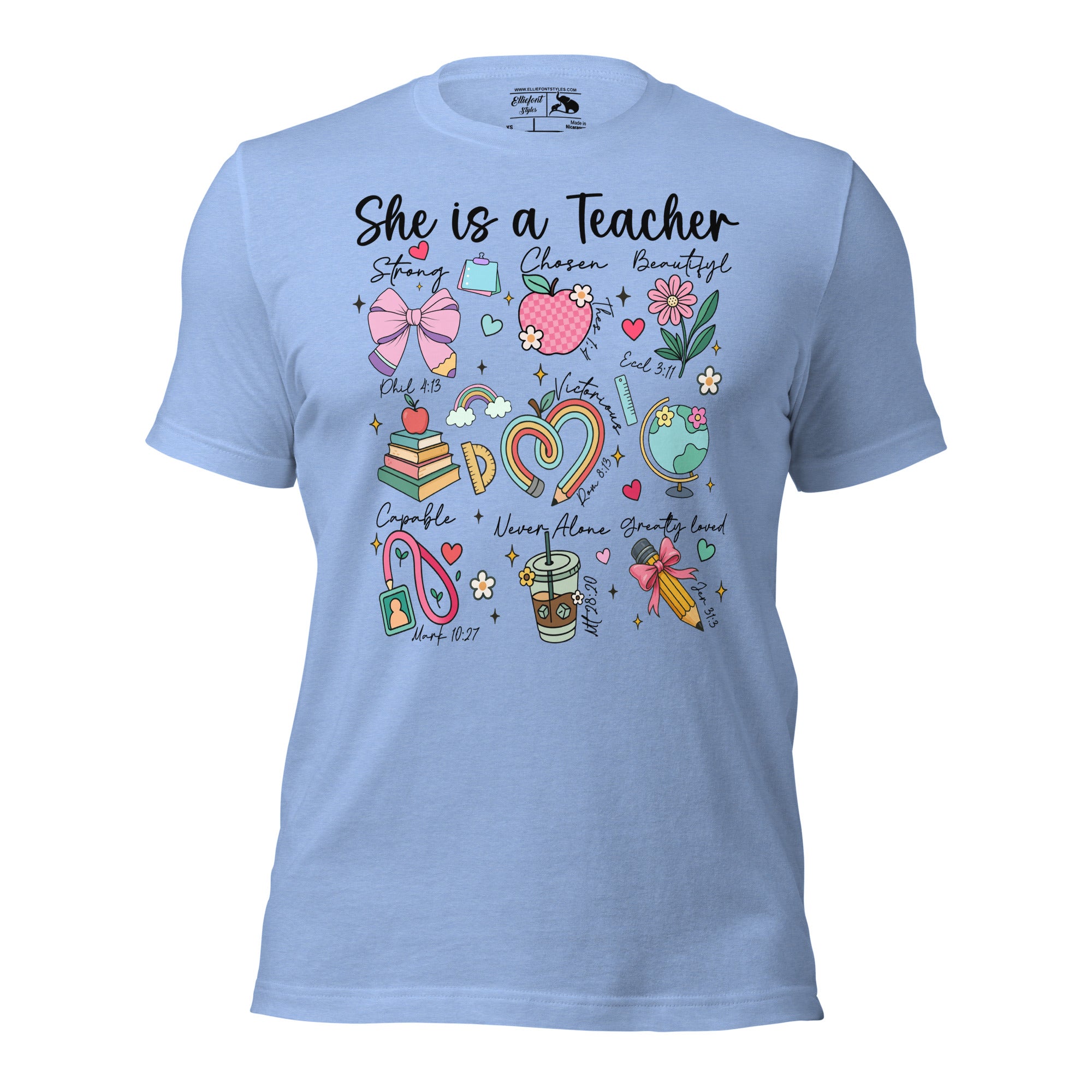 Christian teacher shirt with croquette-style illustrations and Bible verse design