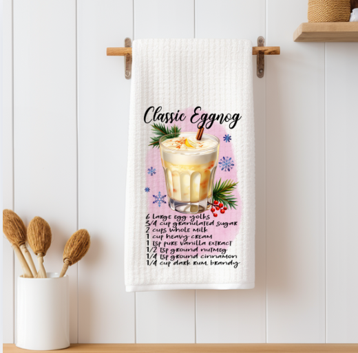 Classic Eggnog recipe Christmas towel styled on bar cart with seasonal décor