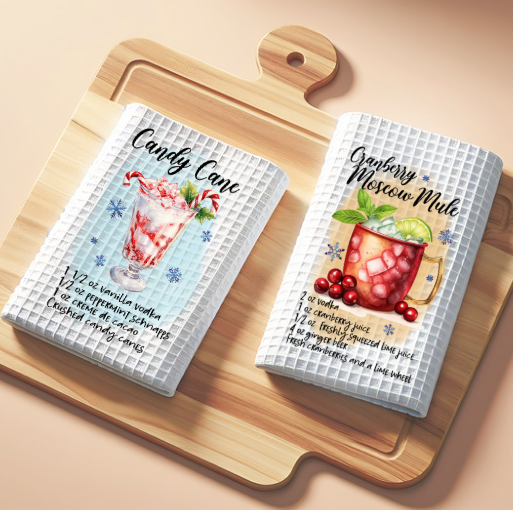 Holiday cocktail recipe towel wrapped as Christmas hostess gift