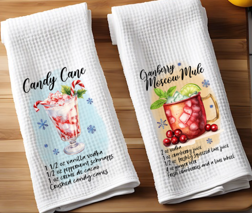 Christmas cocktail recipe waffle weave towel displayed in festive kitchen décor