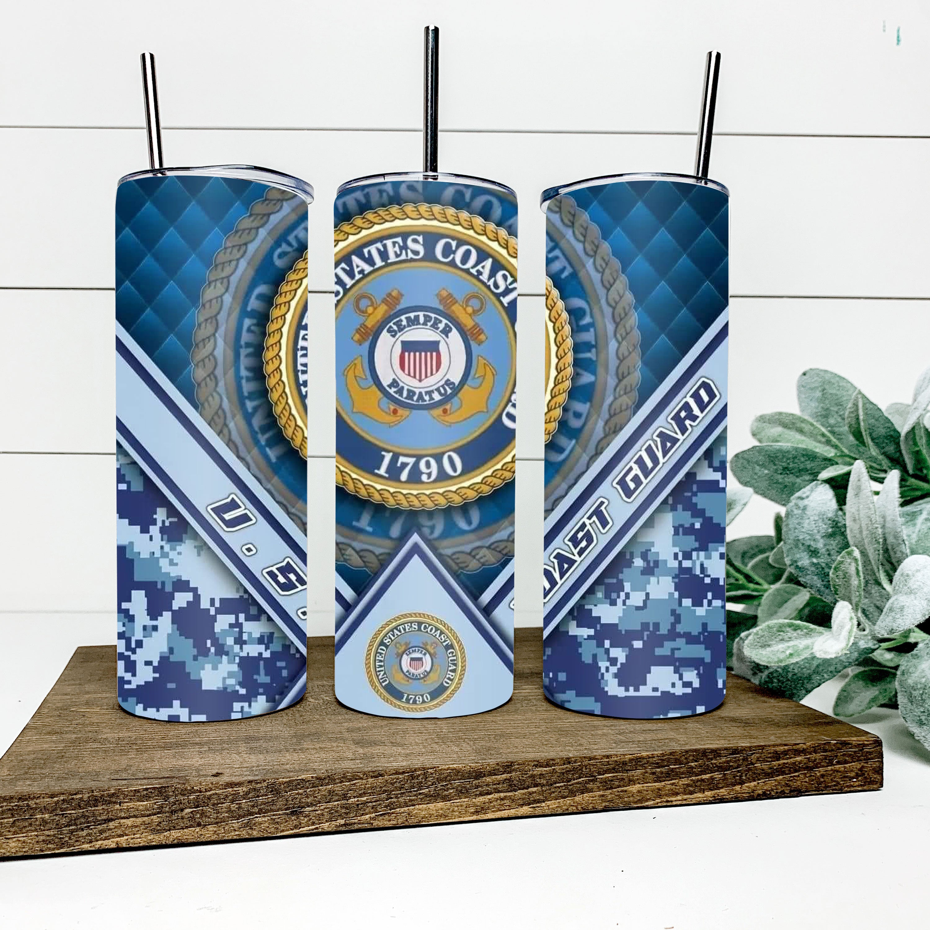 U.S. Coast Guard skinny tumbler with military camo pattern