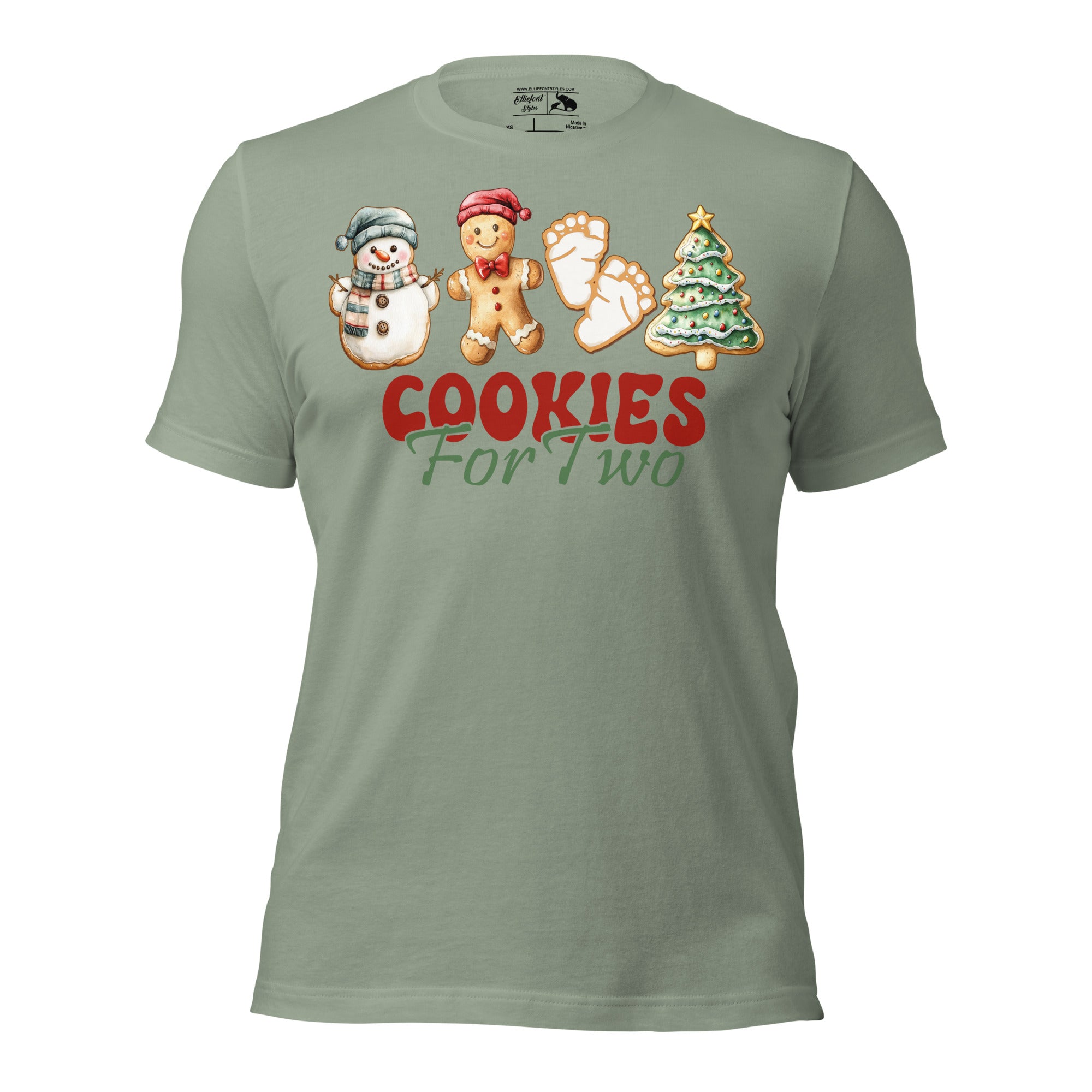 Cookies for Two pregnancy announcement shirt with Christmas cookies design