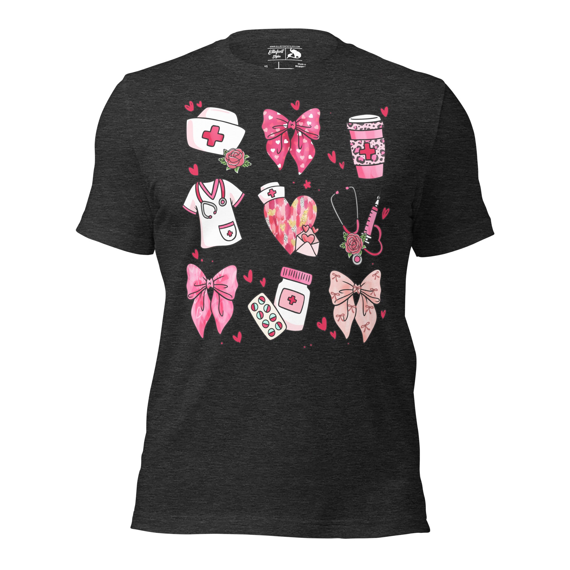 Coquette style nurse shirt with scrubs, stethoscope, and syringes