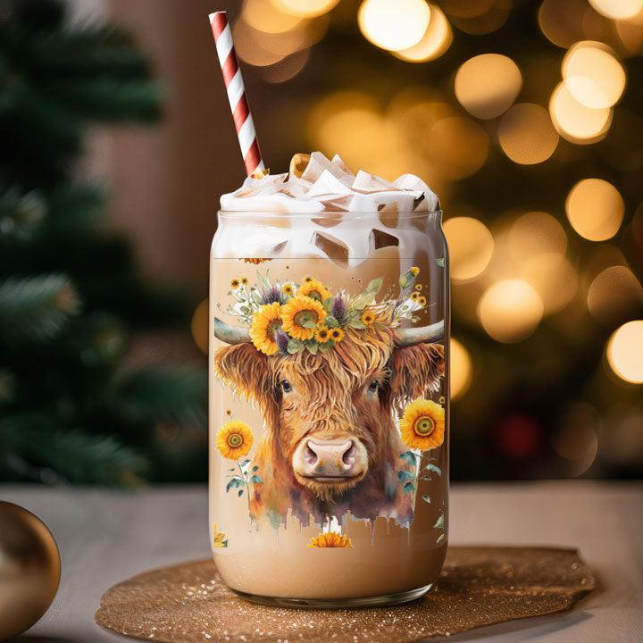 16 oz glass tumbler featuring Highland cow and sunflower artwork, perfect rustic country gift