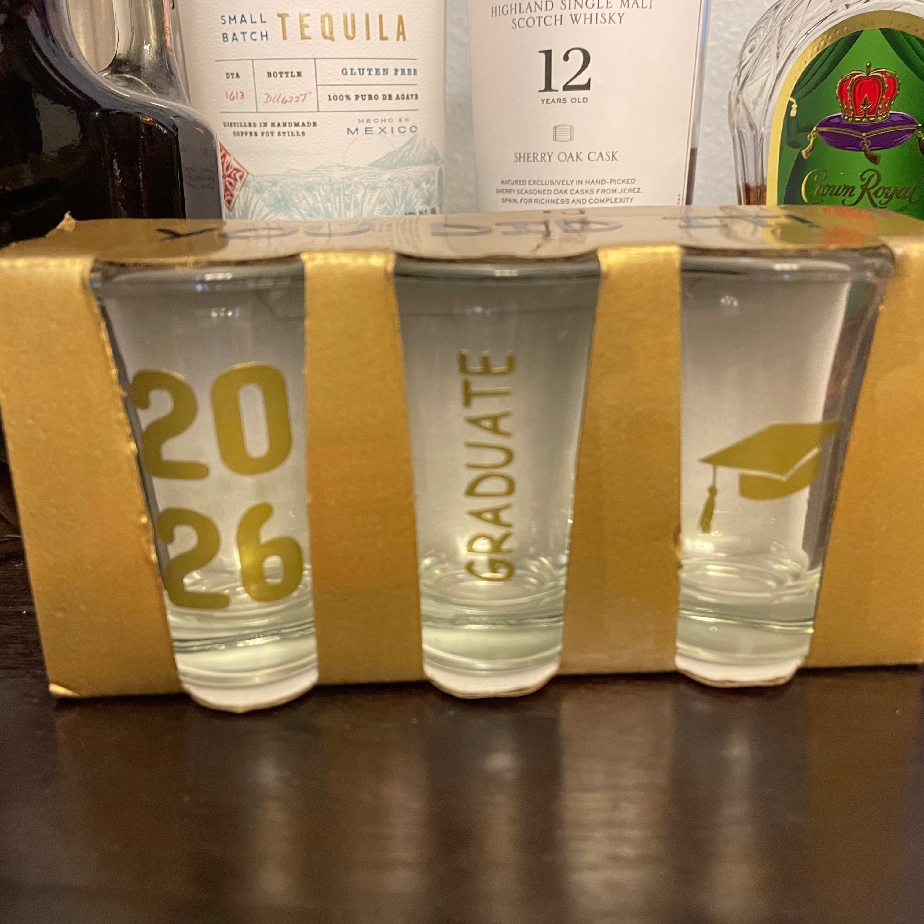 Shot glass engraved with graduation year personalized in chosen school colors